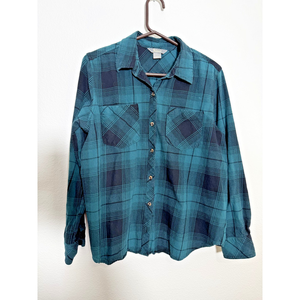 Natural Reflections Women’s Flannel Shirt Plaid Green Black Button Up Size L